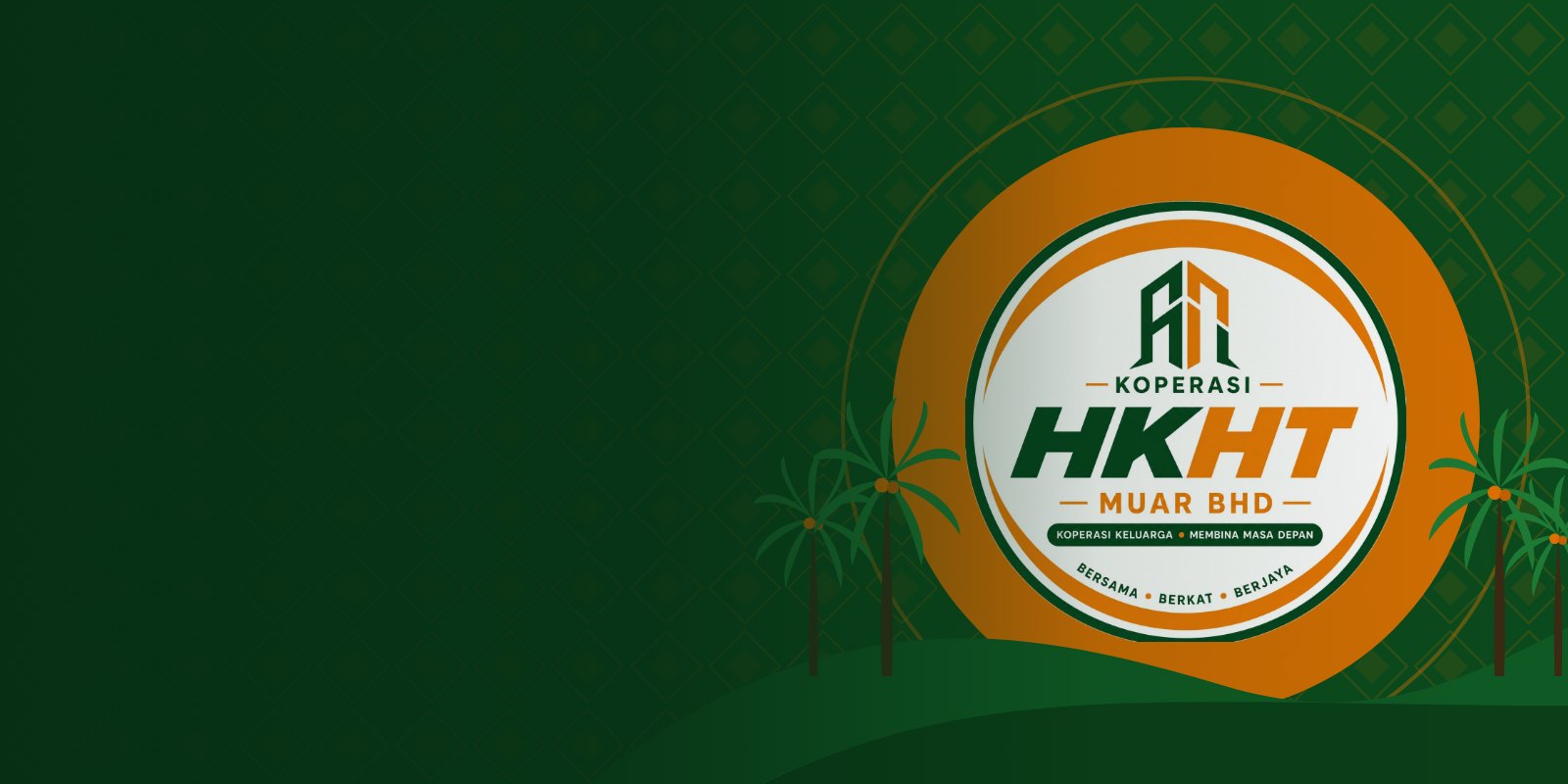Logo Koperasi HKHT Muar Berhad di atas latar ladang sawit